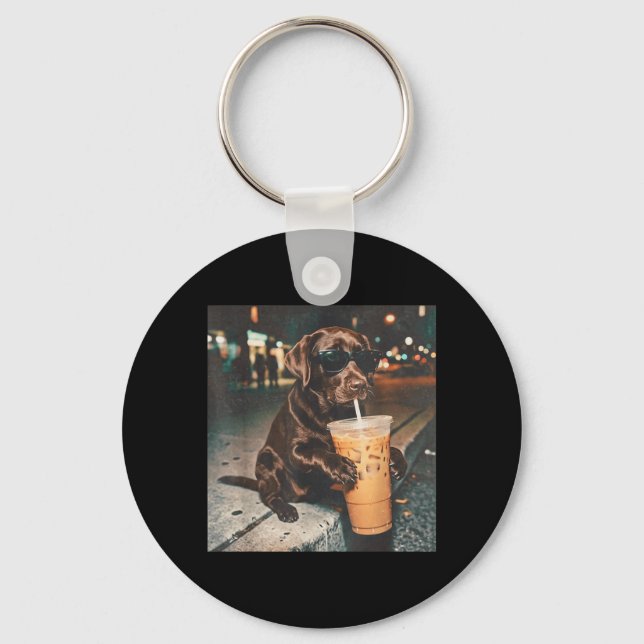 Funny Chocolate Lab Drinking Iced Coffee Lovers Keychain (Front)