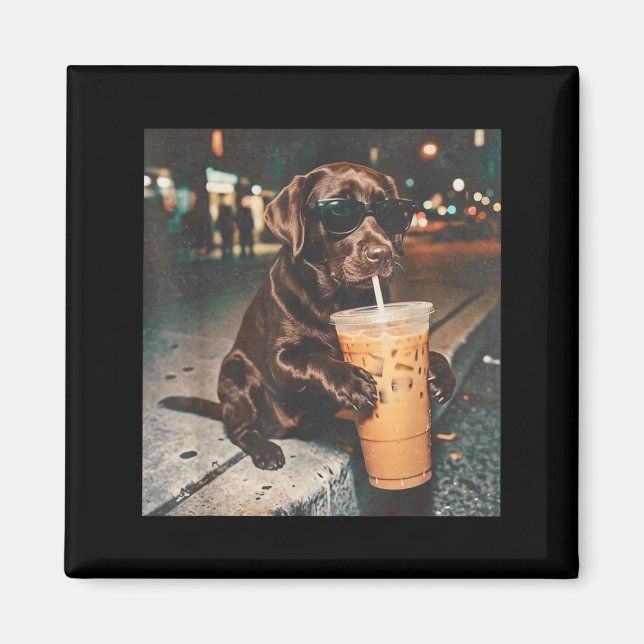 Funny Chocolate Lab Drinking Iced Coffee Lovers Magnet (Front)
