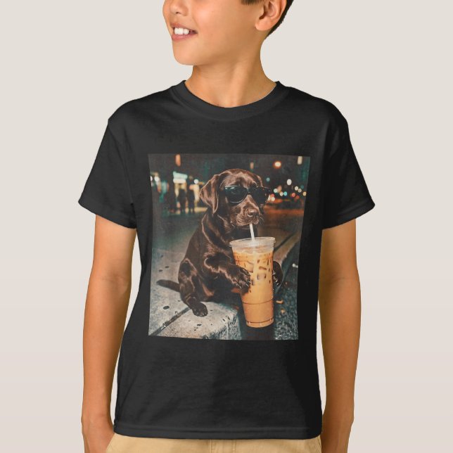 Funny Chocolate Lab Drinking Iced Coffee Lovers T-Shirt (Front)