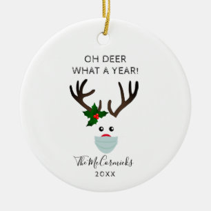 Funny Christmas 2020 Reindeer Wearing Face Mask Ceramic Ornament