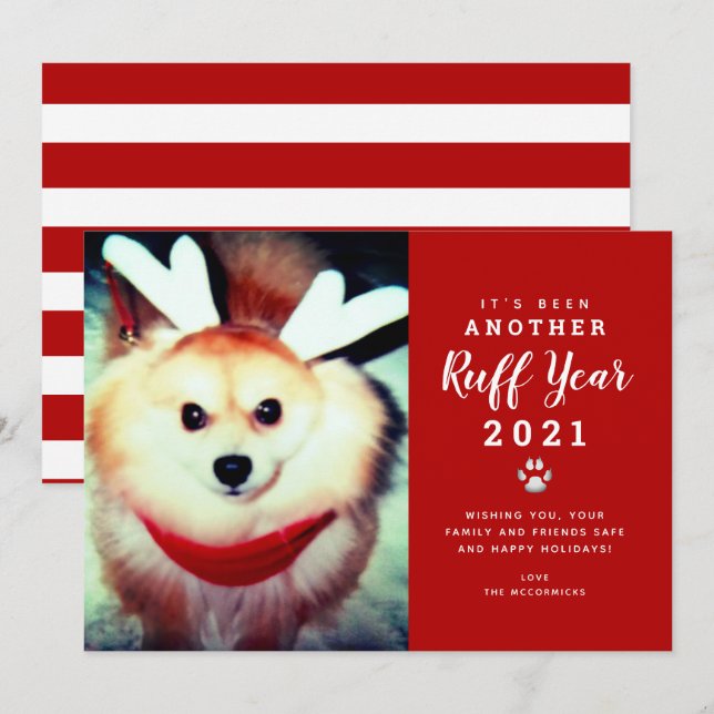 Funny Christmas 2021 Red Ruff Year Dog Photo  Holiday Card (Front/Back)