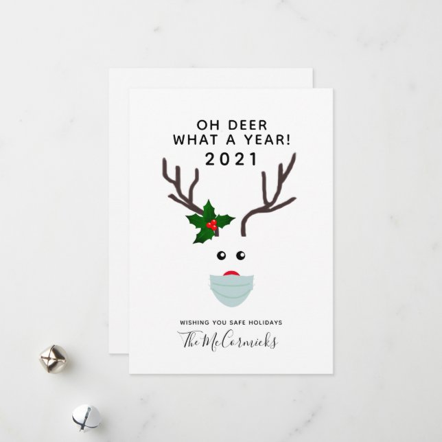 Funny Christmas 2021 Reindeer Wearing Face Mask Holiday Card (Front/Back In Situ)