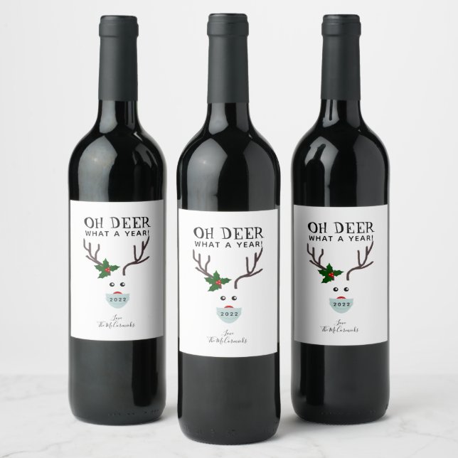 Funny Christmas 2021 Reindeer Wearing Face Mask Wine Label (Bottles)