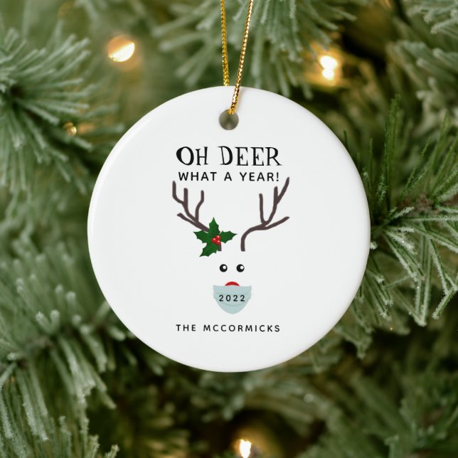 Funny Christmas 2022 Face Mask Reindeer Name Ceramic Ornament (Tree)