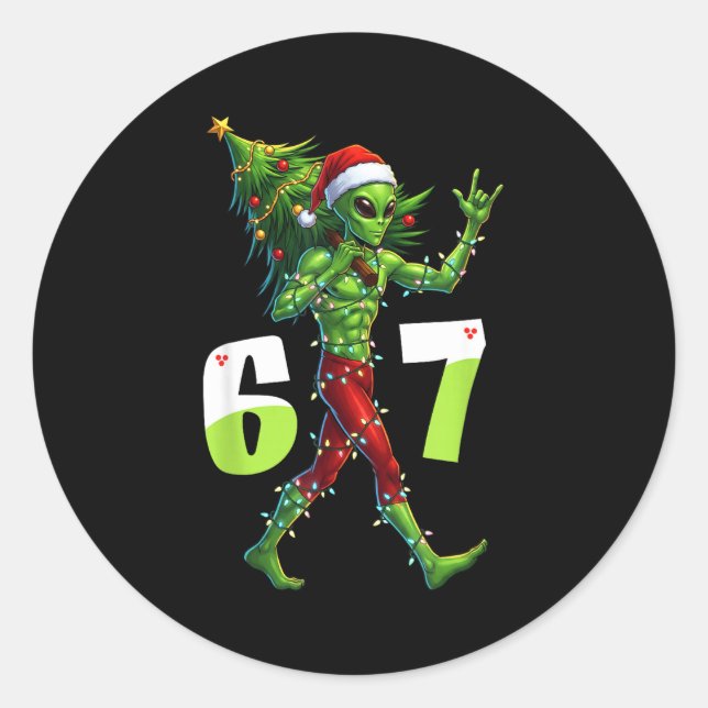 Funny Christmas Alien Six Seven Meme 67 Santa Hat  Classic Round Sticker (Front)
