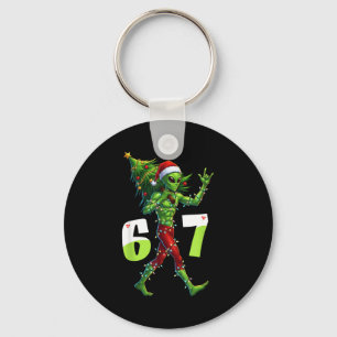 Funny Christmas Alien Six Seven Meme 67 Santa Hat  Keychain