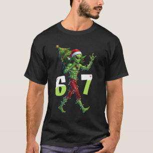 Funny Christmas Alien Six Seven Meme 67 Santa Hat  T-Shirt