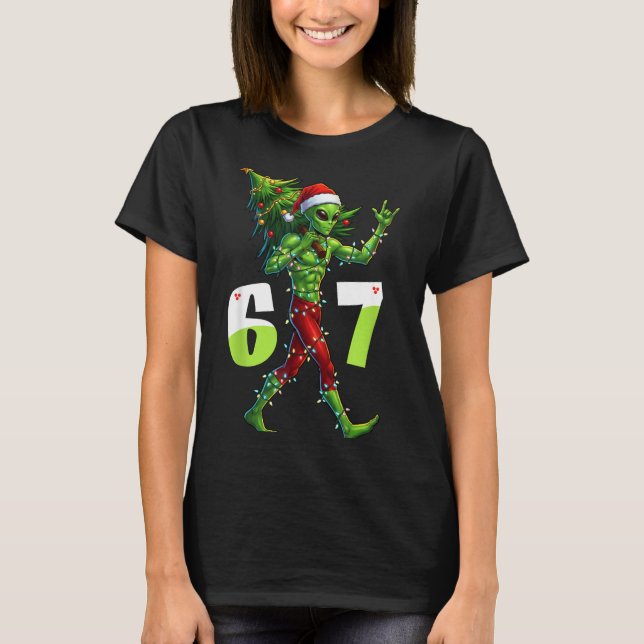 Funny Christmas Alien Six Seven Meme 67 Santa Hat  T-Shirt (Front)