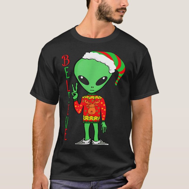 Funny Christmas Alien Ugly Sweater I Believe Santa (Front)