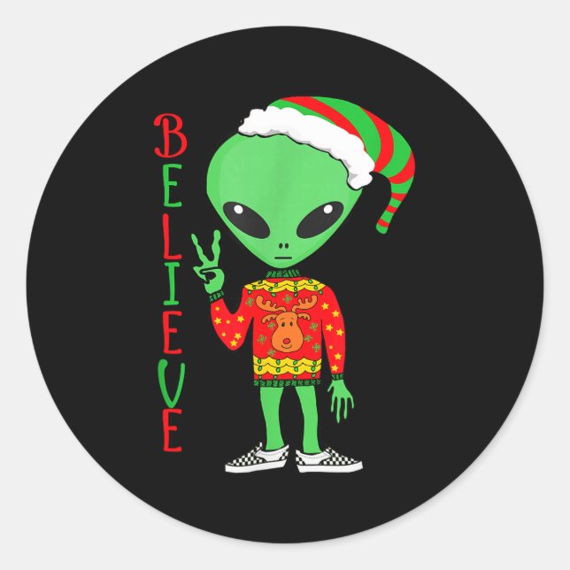 Funny Christmas Alien Ugly Sweater I Believe Santa Classic Round Sticker (Front)