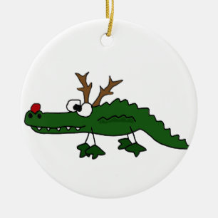 Funny Christmas Alligator as Reindeer Ceramic Ornament