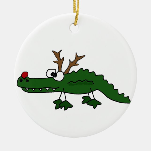 Funny Christmas Alligator as Reindeer Ceramic Ornament (Front)