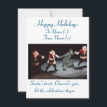 Funny Christmas and Hanukkah Greetings card<br><div class="desc">Celebrate the holiday season with this unique and whimsical greeting card! The front of the card features a joyful Chassid dancing with three individuals dressed in Santa Claus costumes. This delightful blend of cultural and holiday imagery adds a touch of fun and cheer.</div>