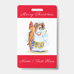 Funny Christmas Badge with Snowman Surfer