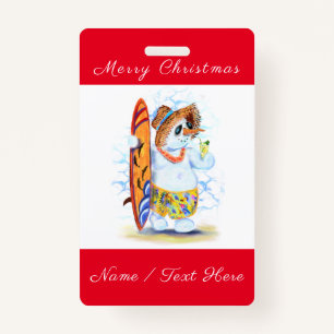 Funny Christmas Badge with Snowman Surfer