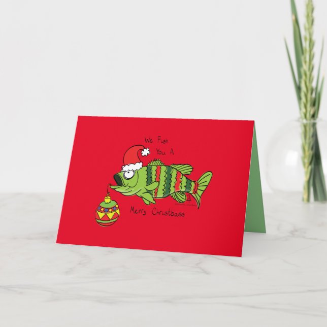 Funny Christmas Bass Fishing Fish Cute Cartoon Card (Front)