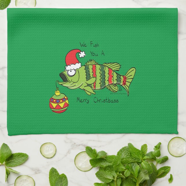 Funny Christmas Bass Fishing Fish Cute Cartoon Kitchen Towel (Folded)