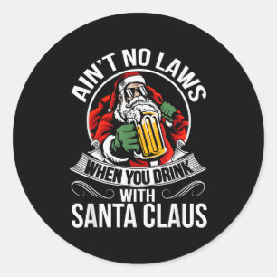 Funny Christmas Beer Drinking With Santa Clause Classic Round Sticker