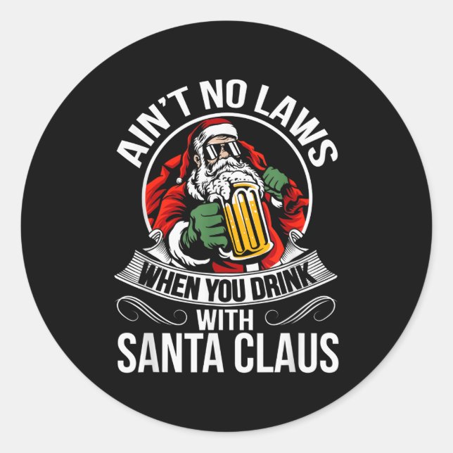 Funny Christmas Beer Drinking With Santa Clause  Classic Round Sticker (Front)