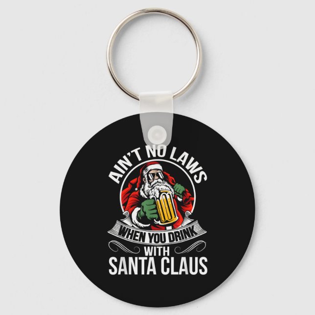 Funny Christmas Beer Drinking With Santa Clause  Keychain (Front)