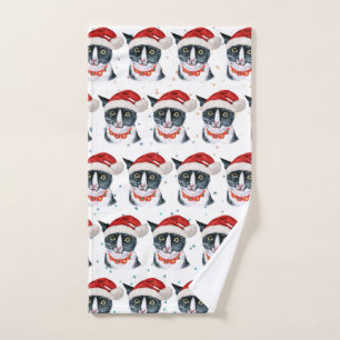 Funny Christmas Black and White Cat Watercolor Hand Towel