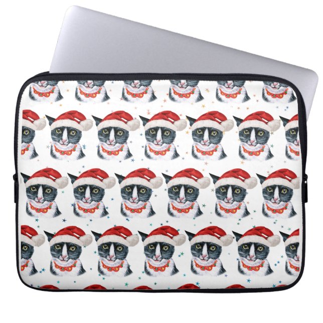 Funny Christmas Black and White Cat Watercolor Laptop Sleeve (Front)
