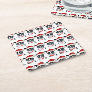 Funny Christmas Black and White Cat Watercolor Square Paper Coaster