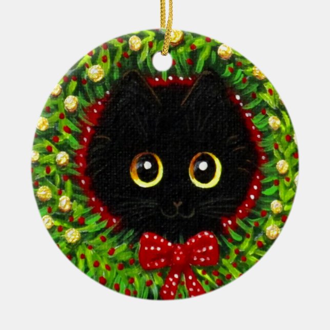 Funny Christmas Black Cat Art Creationarts Ceramic Ornament (Front)