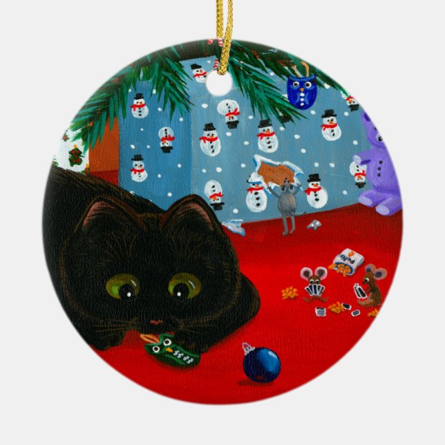 Funny Christmas Black Cat Art Creationarts Ceramic Ornament (Front)