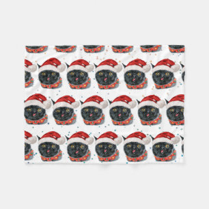 Funny Christmas Black Cat Watercolor Fleece Blanket