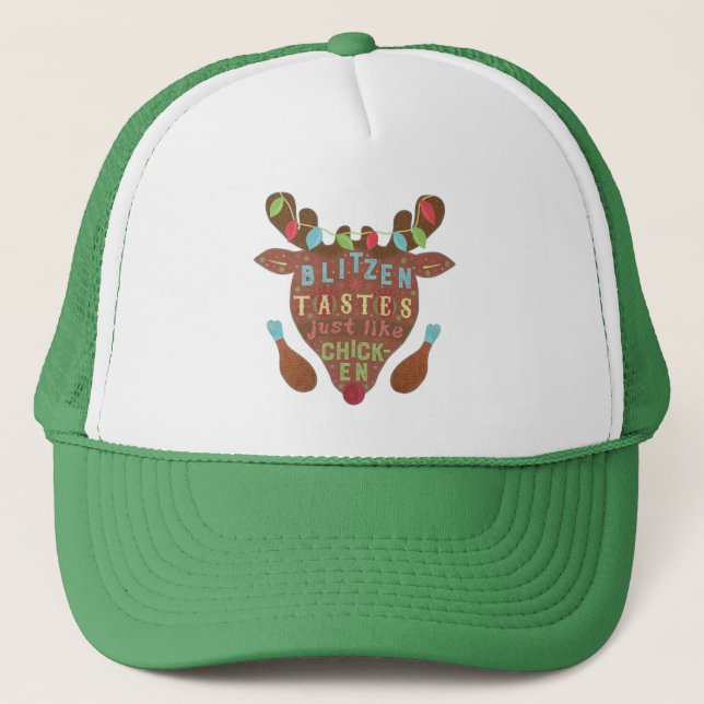 Funny Christmas Blitzen Chicken Reindeer Humour Trucker Hat (Front)