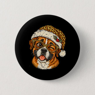 Funny Christmas Boxer With Leopard Santa Hat Cute 2 Inch Round Button