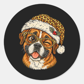 Funny Christmas Boxer With Leopard Santa Hat Cute Classic Round Sticker