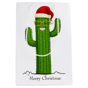 Funny Christmas Cactus with Santa Hat & Glasses Medium Gift Bag