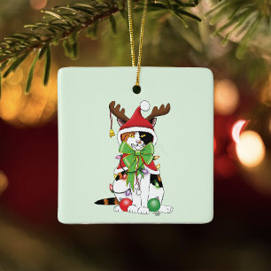 Funny Christmas Calico Cat Ceramic Ornament
