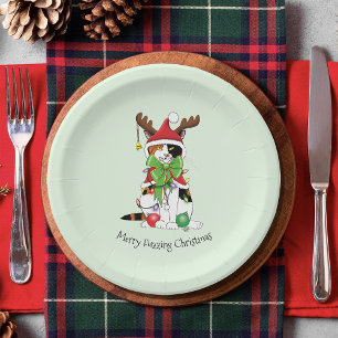 Funny Christmas Calico Cat Paper Plate