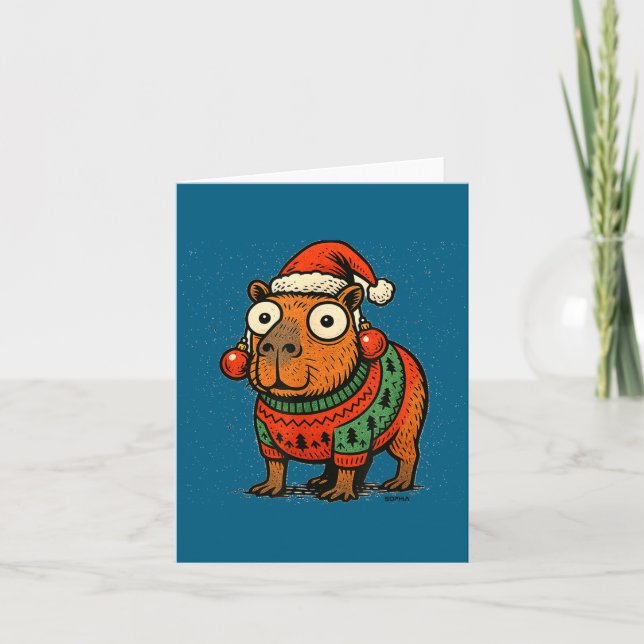 Funny Christmas Capybara With Santa Hat &amp; Swea Card (Front)
