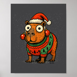 Funny Christmas Capybara With Santa Hat &amp; Swea Poster