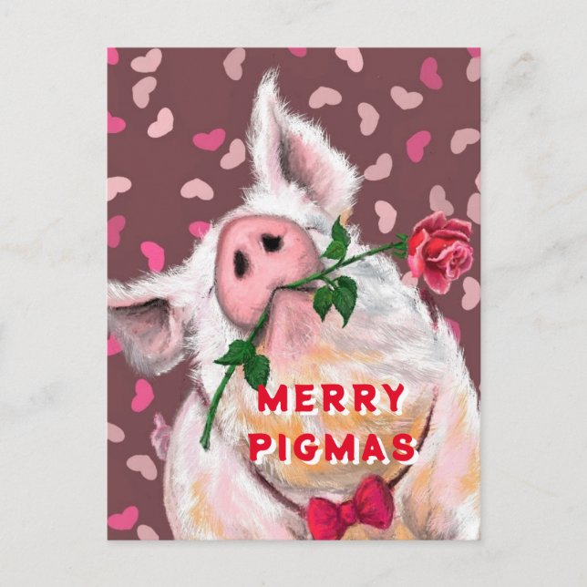 Funny Christmas Card Gentleman Pig with Rose (Front)