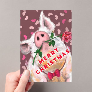 Funny Christmas Card Gentleman Pig with Rose Acrylic Invitations