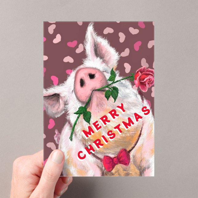 Funny Christmas Card Gentleman Pig with Rose Acrylic Invitations (Insitu (Handheld))