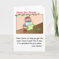Funny Christmas Card: Santa reads request mail