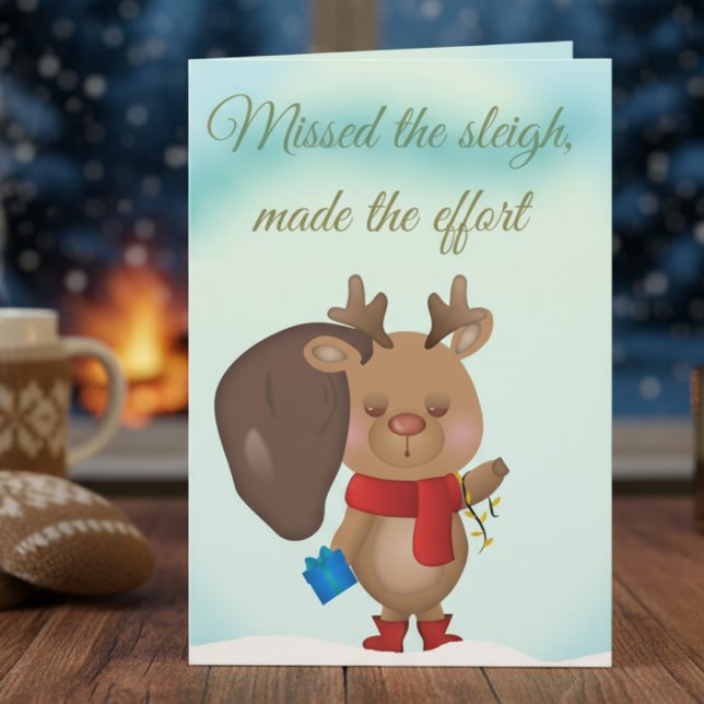 Funny Christmas Card With A Sleepy Reindeer (Holiday card with personality. Funny, festive, and totally relatable.)