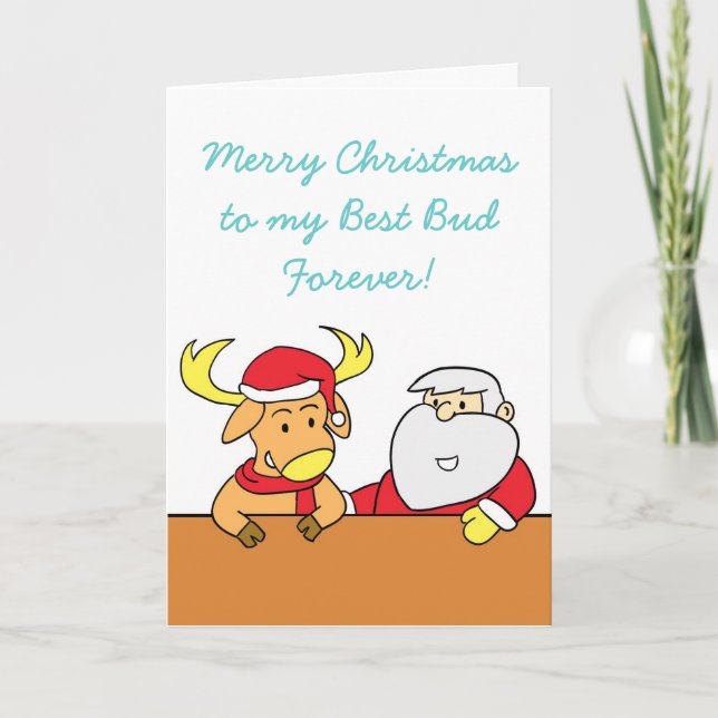 Funny Christmas Card with Reindeer and Santa (Front)