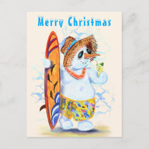 Funny Christmas card with Summer Snowman Surfer