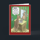 Funny Christmas Cards: All-Nighter Holiday Card<br><div class="desc">A cartoon Christmas greeting card with a cartoon of one of Santa’s Reindeer getting ready for the big night and doing his best to get in the mood.. The inside of the card reads “Wishing you a very Merry Christmas and Happy Holidays filled with fun…food and family.</div>