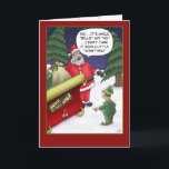 Funny Christmas Cards: Jingle What? Holiday Card<br><div class="desc">A cartoon Christmas greeting card with a cartoon of one of Santa’s elves having a little trouble hearing instructions. The inside of the card reads “Wishing you a very Merry Christmas and Happy Holidays filled with fun…food and family.</div>
