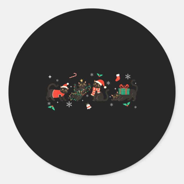 Funny Christmas Cat Black Cat Xmas Light Pajama Me Classic Round Sticker (Front)