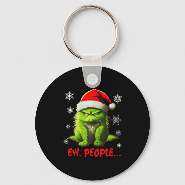 Funny Christmas Cat Ew People Meowy Cat Lovers Men Keychain (Front)