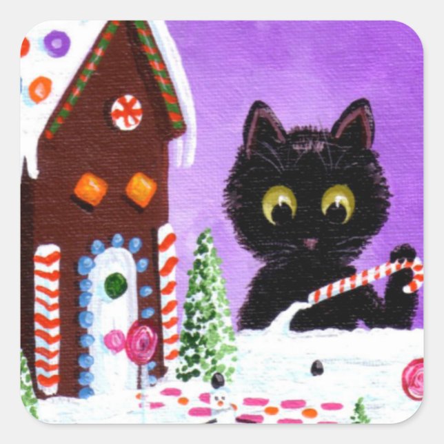 Funny Christmas Cat Gingerbread House Creationarts Square Sticker (Front)